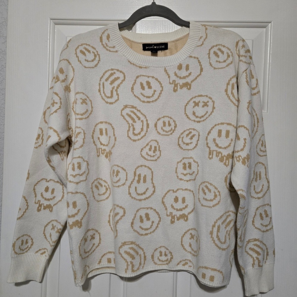Social Scene Smiley Face Print Crewneck Sweater Ivory/Tan Women's L